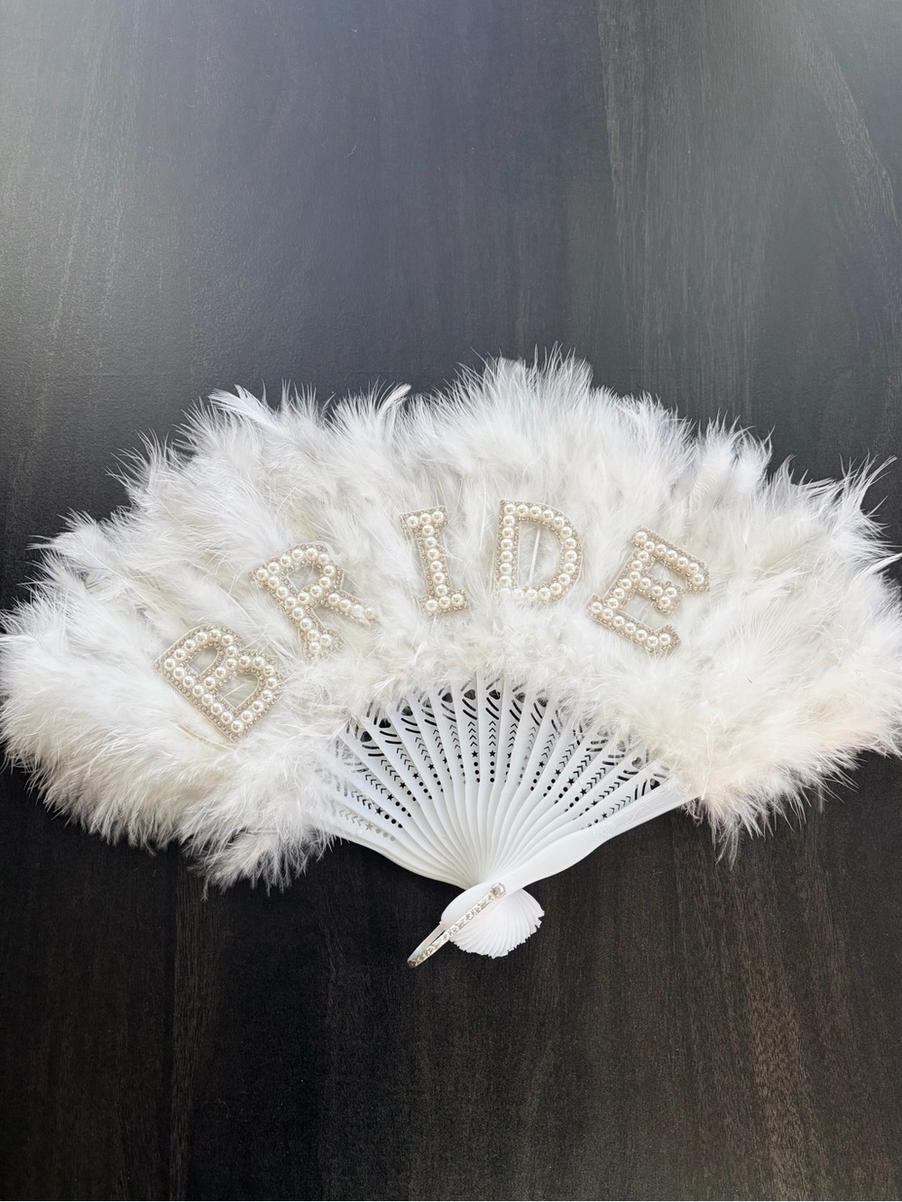 Bride Pearl Feather Hand Fan - White